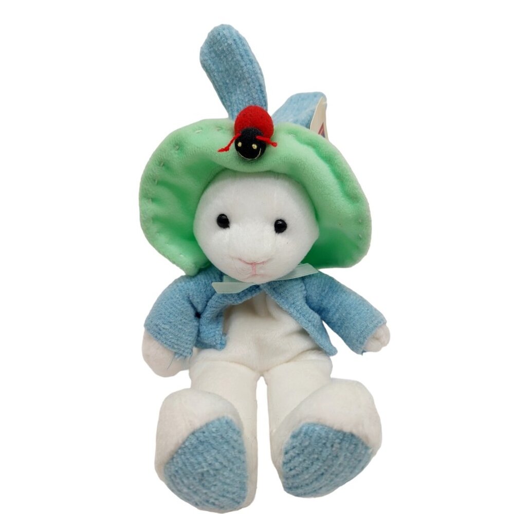 Plushland White Bunny with Hat Ladybug 2000 Stuffed Animal 11" Plush Easter